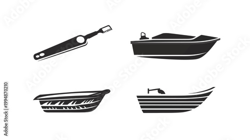 Black and white vector illustrations depicting a toothbrush and various boat styles on a white background