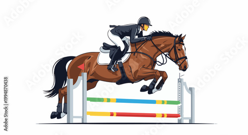 Rider and horse in mid-air, clearing a colorful jump obstacle