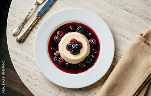 Panna Cotta topped with fresh berries on round white plate, set on wooden table with folded beige napkin, knife and fork beside. Concept of cream pudding with vanilla berry sauce.