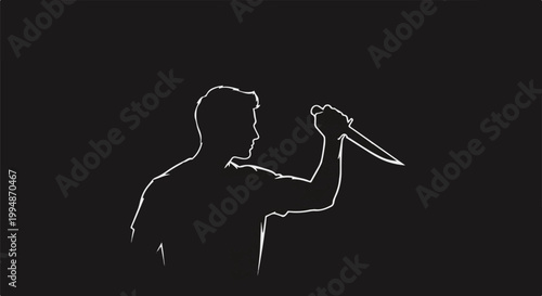 Silhouette of a man holding a knife in a threatening pose against a black background