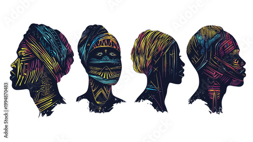 Four stylized silhouettes of diverse women in profile, adorned with colorful, patterned details