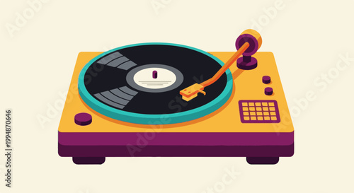 Retro record player with a vibrant yellow and purple body, playing a black vinyl record