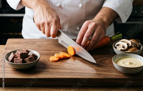 Chef's hand holding large knife slicing carrot on wooden cutting board, preparing Blanquette de Veau with beef, mushrooms, creamy sauce, concept of veal stew with cream mushrooms carrots