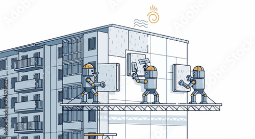 Robotic construction crew installs facade panels on an apartment building facade