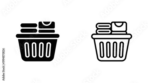 Laundry basket filled with folded clothes solid and outline icons household domestic container minimalist organization