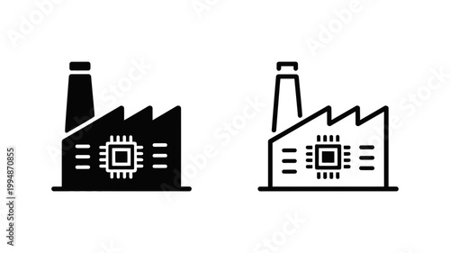 Factory icon with microchip integrated manufacturing plant processing unit integrated circuit industry microchip technology