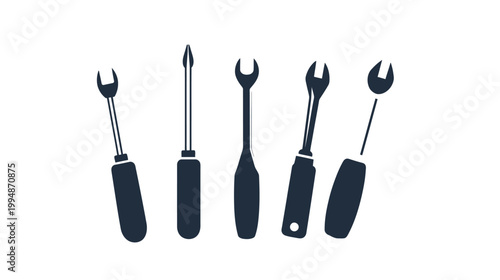 Black and white illustration of various hand tools, including screwdrivers and wrenches, on a white background