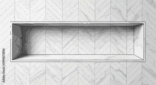 Rectangular recess inset within a herringbone patterned marble wall, creating a shadow-filled niche