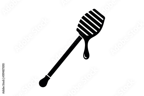 Black and white illustration of a honey dipper with dripping honey