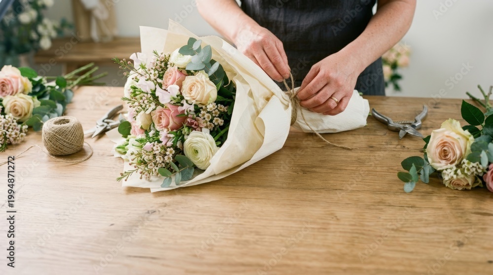 Naklejka premium Florists hands wrapping bouquet in soft neutral paper with twine