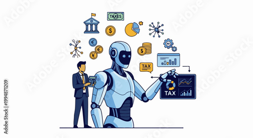 Robot and businessman analyze financial data and taxes