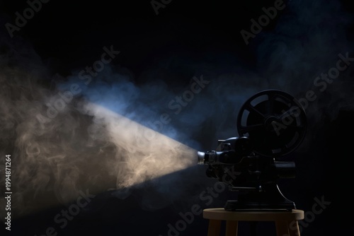 Vintage Film Projector Shines Light Through Smoke in a Dark Room at Night