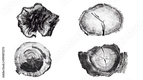 A grayscale arrangement showcasing four unique cross-sections of wood, demonstrating textures