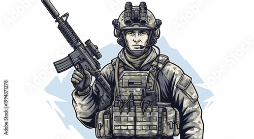 Pixelated soldier in tactical gear holds rifle with night vision goggles