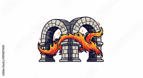 Pixelated stone arches with fiery, flowing accents