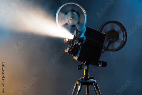 Old Film Projector Shines Light in Dark Space During a Movie Night Event