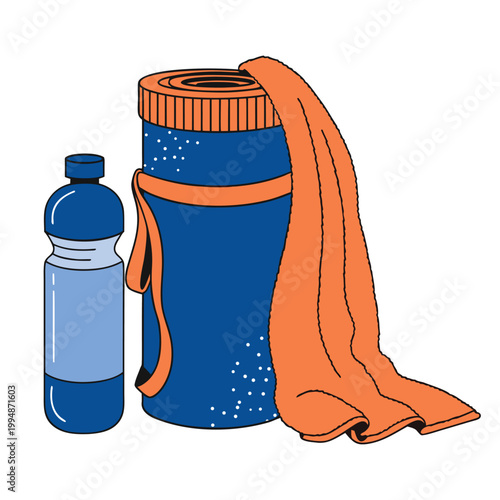 Yoga mat with a water bottle and towel.	