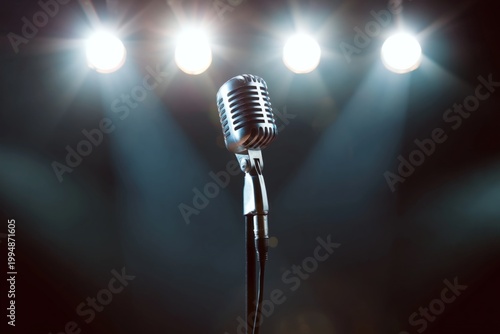 Stage Set With a Microphone Ready for a Performance During an Evening Event