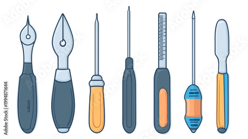 A set of cartoon-style tools on a white background, including screw drivers and pens