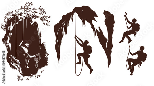 Silhouetted figures ascending cliffs and cave formations, using ropes and gear. Brown on white