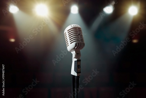 Bright Stage Lights Shine on a Classic Microphone Ready for a Performance in ...