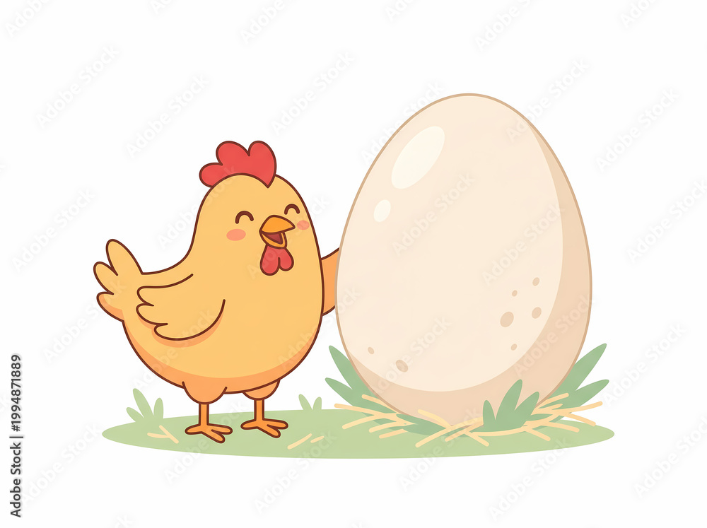 Fototapeta premium Cute cartoon chicken standing happily next to a large egg in the grass.
