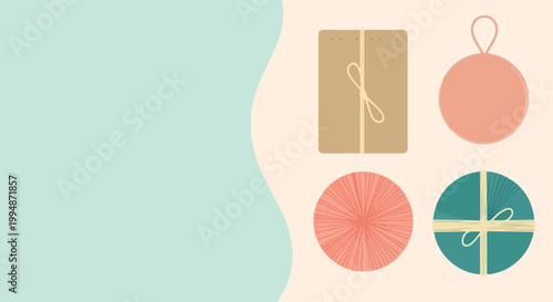 Minimalist flat vector illustration featuring a collection of various gift boxes and tags on a dual-toned pastel background.
