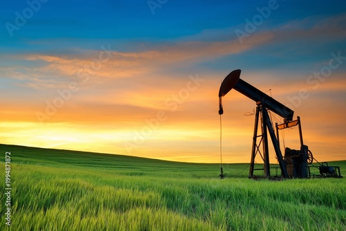 Oil Rig Works in the Field at Sunset With Colorful Sky and Open Land