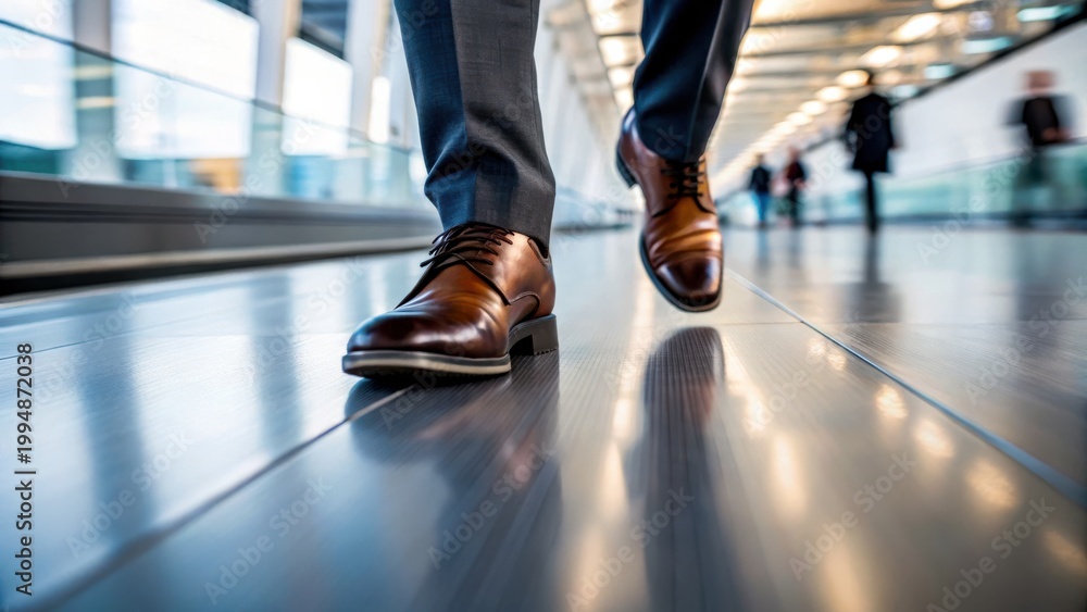 Fototapeta premium Business travel and global mobility transportation concept. Stylish shoes walking through a modern, busy airport terminal.