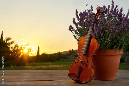 Sunset With Violin and Lavender Plant in Clay Pot on Rustic Wooden Table