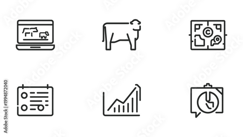 Agri-Business Icons: A set of minimalist icons representing various aspects of agricultural business, depicting elements such as farming, data analysis, and strategic planning. 