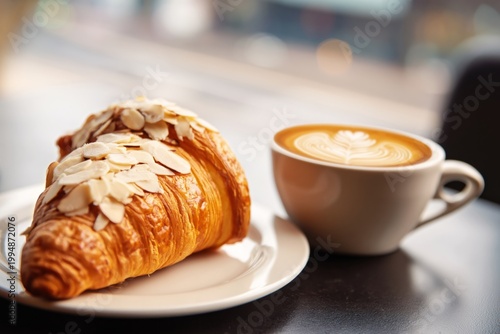 Warm Coffee and Almond Croissant at a Cafe During Morning Hours