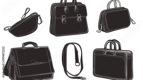 Collection of various monochrome bags, including briefcases and shoulder bags, in a simple illustrative style