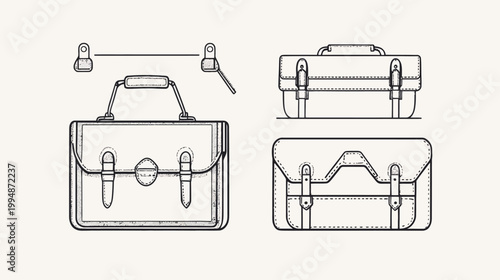 Sketches of a classic briefcase, showing various angles and details, perfect for design