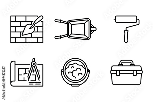 Masonry and renovation construction line icons for building projects with paint roller construction renovation brickwork