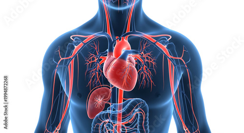 A detailed illustration of the human body's circulatory system with a visible heart and blood vessels.