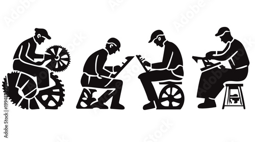 A black and white illustration of four silhouetted figures engaged in mechanical work