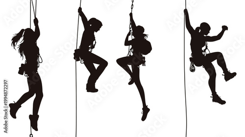Silhouettes of four women climbing on ropes, wearing harnesses and gear, on a white background