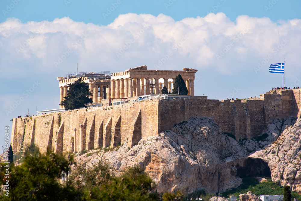 Naklejka premium A view of the Acropolis in Athens, Greece as seen from the Panathenaic Stadium.
