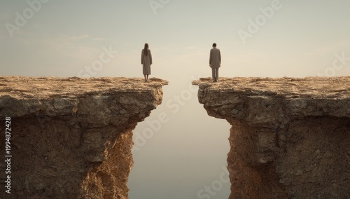 Two figures stand on opposing cliffs, gazing across a chasm under a pale sky