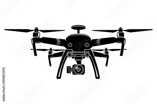 Black silhouette of a modern quadcopter drone with camera
