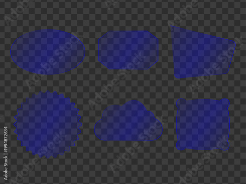 Set of six translucent blue glass geometric shapes and with thin outlines, isolated on a dark gray checkered background, including oval, rectangular, trapezoid, starburst, cloud, and square