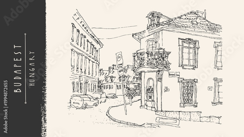 Budapest city sketch postcard. Hungary street, old houses, urban scene. Hand drawn vector illustration, architecture line art. European landmark, vintage watercolor drawing, black outline, travel bg