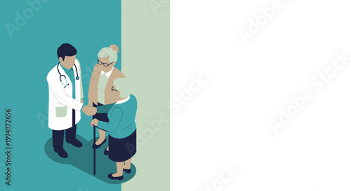 Doctor Guiding Elderly Couple at Clinic Entrance Healthcare Support