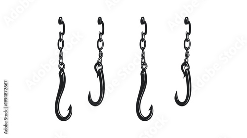Four stylized fishing hooks suspended by chains, rendered in black on a white background
