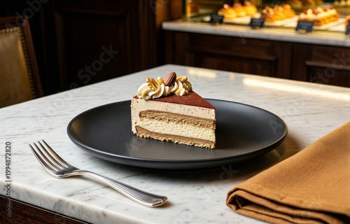 Semifreddo topped with whipped cream and walnuts on black plate, marble countertop in luxurious restaurant. Concept of frozen mousse dessert with cream nuts. 