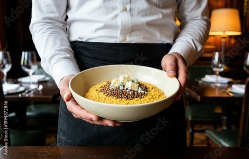 Waiter holding bowl of Polenta Taragna with buckwheat butter mountain cheese in dimly lit restaurant. Concept of cozy dining atmosphere with warm lighting.