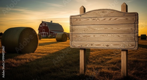Rustic sign in a golden sunset with barn and hay bales in background. Sign showcases a wooden texture with a scenic view of a farm, perfect for promotional materials or farm-related advertising.