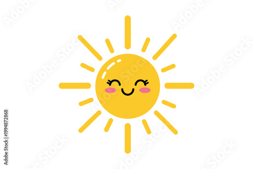 Cute cartoon sun with smiling face and radiant rays