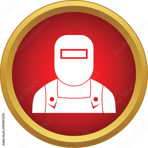 Welder worker icon wearing a protective mask on a red round button with a gold rim
